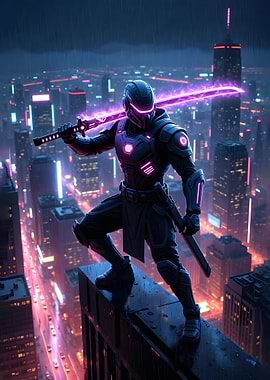 Cyberpunk Ninja on Skyscraper Edge