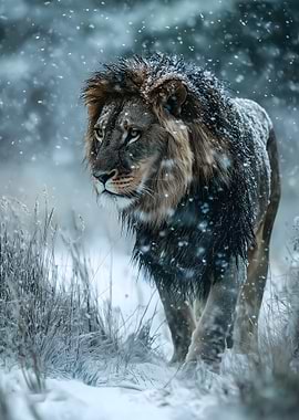 Lion in Winter Snowfall