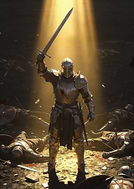 Victorious Knight with Sword in Battlefield