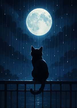 Cat under the Moon in Rain