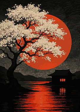 Japanese Landscape with Cherry Blossom Tree