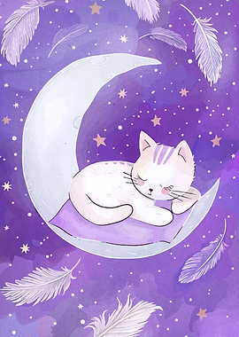 Sleeping Cat on Moon with Feathers