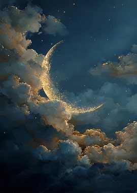 Golden Crescent Moon in Cloudy Sky