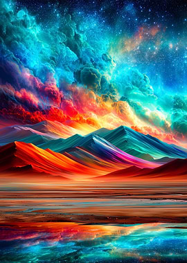 Colorful Mountain Landscape with Starry Sky