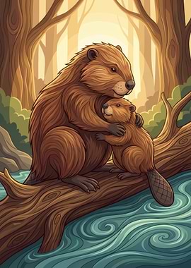 Beaver Family Hugging on a Log