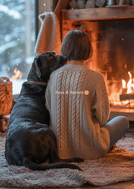 Dog and Woman by Fireplace