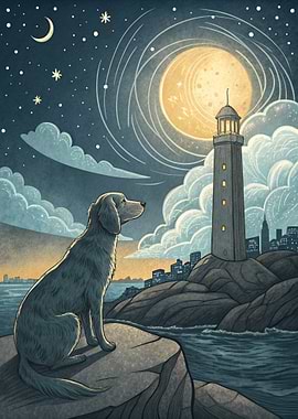 Dog and Lighthouse Under Moonlight