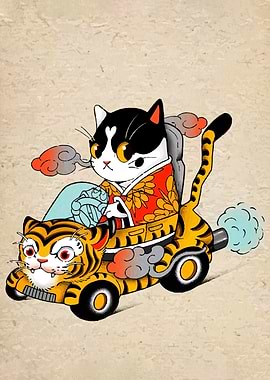 Cat driving tiger car illustration