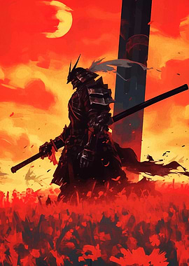 Samurai Warrior in Red Landscape