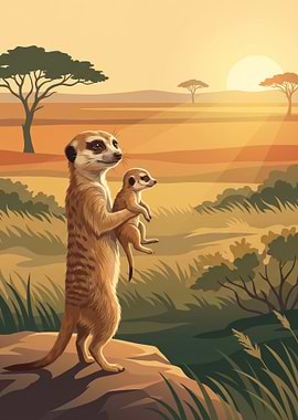 Meerkat Family in the Savannah