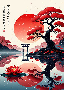 Japanese Landscape with Red Tree and Torii