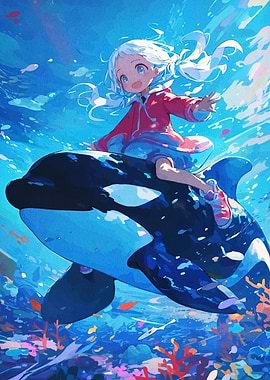 Girl riding orca in ocean art