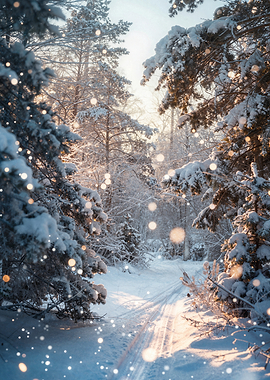 Winter Forest Path with Snowfall