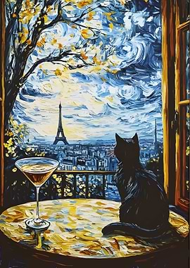 Parisian View with Cat and Cocktail