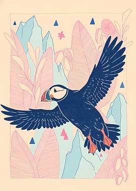 Puffin in Flight Illustration - Scandi Vibes