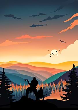 Silhouette Warriors at Sunset Landscape