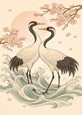 Japanese Cranes and Cherry Blossoms Art