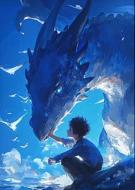 Boy and Blue Dragon Friendship Art
