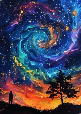 Cosmic Landscape Silhouette Figure