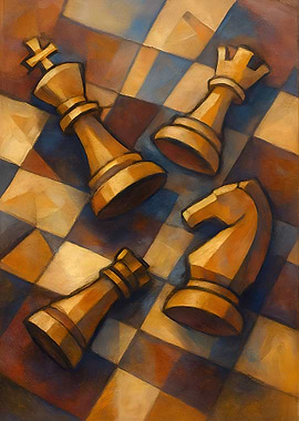 Chess Pieces on Checkered Board Painting