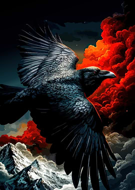 Raven in Flight over Mountains