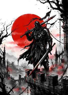 Dark Knight with Swords and Red Sun