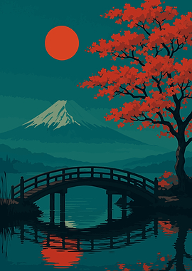 Japanese Landscape with Bridge and Mountain