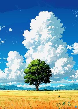 Lone Tree in Field Anime Style
