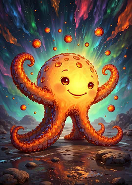 Cute Octopus Character with Aurora Background