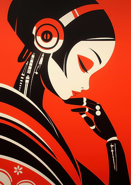 Cyberpunk Mech Geisha Portrait in Red