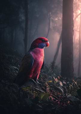 Crimson Rosella in Misty Forest