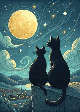 Cats under the moonlit sky