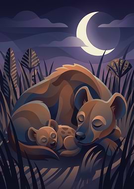 Hyena Family Sleeping Under Moonlight