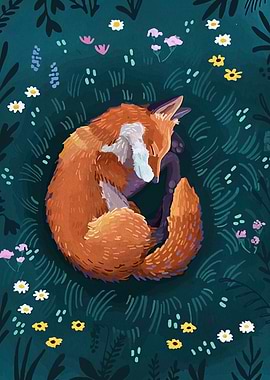 Sleeping Fox in Floral Meadow