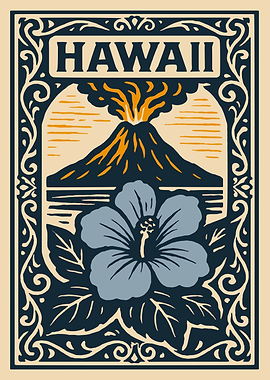 Hawaii Volcano and Hibiscus Illustration