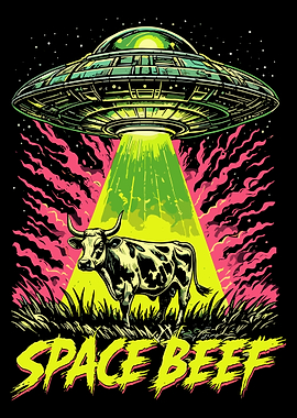 Space Beef UFO Poster, Alien Cow Abduction Art Print, Funny Sci Fi Wall Art Illustration