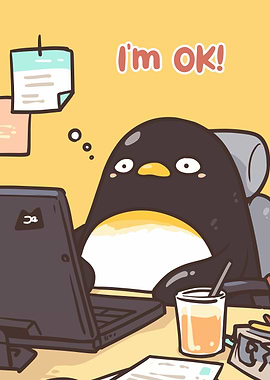 Cartoon Penguin Working at Desk