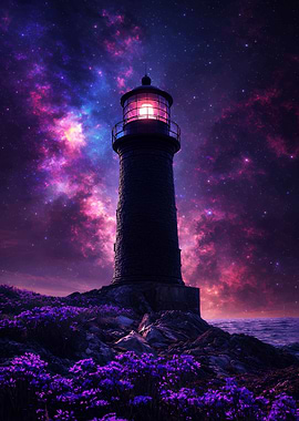 Lighthouse under a cosmic sky