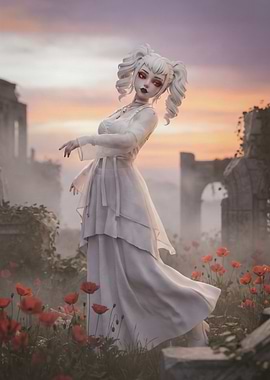 Elegant White-Haired Woman in Ruins