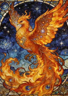 Phoenix Rising Stained Glass Style Art