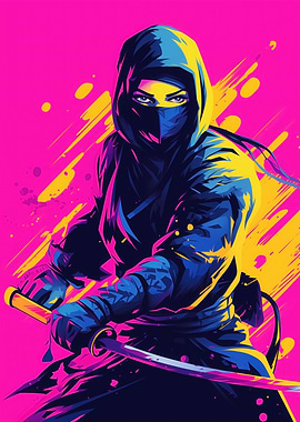 Neon Ninja Warrior with Katana Street Art