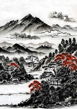 Ink Wash Painting of Serene Japanese Landscape with Red Maples and Distant Misty Mountains