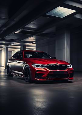 Red BMW M5 in Garage