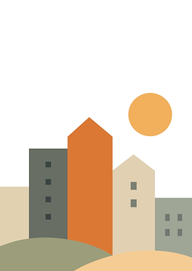 Minimalist Cityscape with Sun