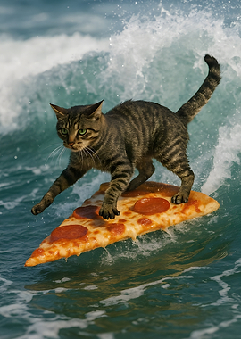 Cat Surfing on Pizza Slice