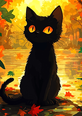 Black Cat in Autumn Landscape