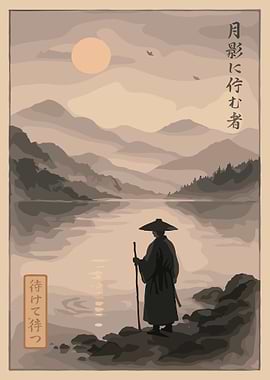 Japanese Samurai Landscape Poster, Zen Mountain Wall Art, Minimalist Japan Silhouette Print