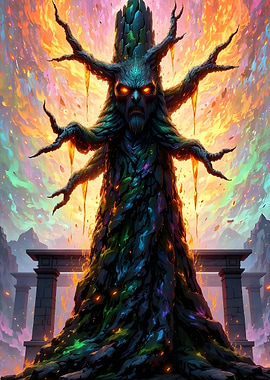 Mystical Tree Creature with Fiery Aura