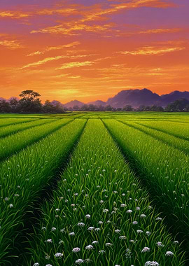 Lush Green Rice Field at Sunset