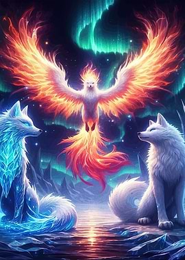 Phoenix and Wolves under Aurora Borealis